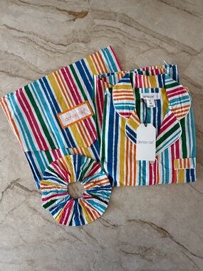 Denise Rae Multicolor Striped Cotton Pajama Set with Scrunchie